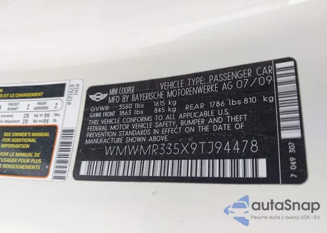 2009 Mini Cooper z USA, uszkodzony, nr VIN WMWMR335X9TJ94478